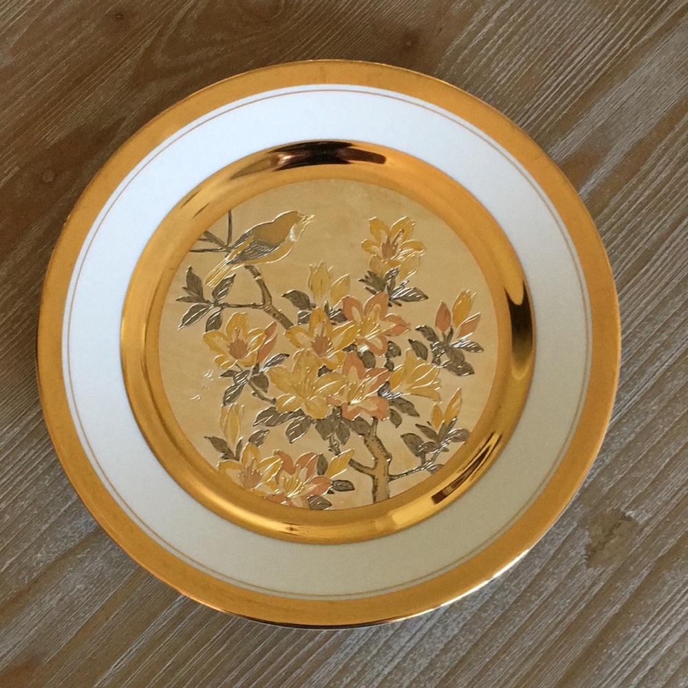 LAL plate. Chokin style art. Copper, gold, silver art engraved. Bird on tree.